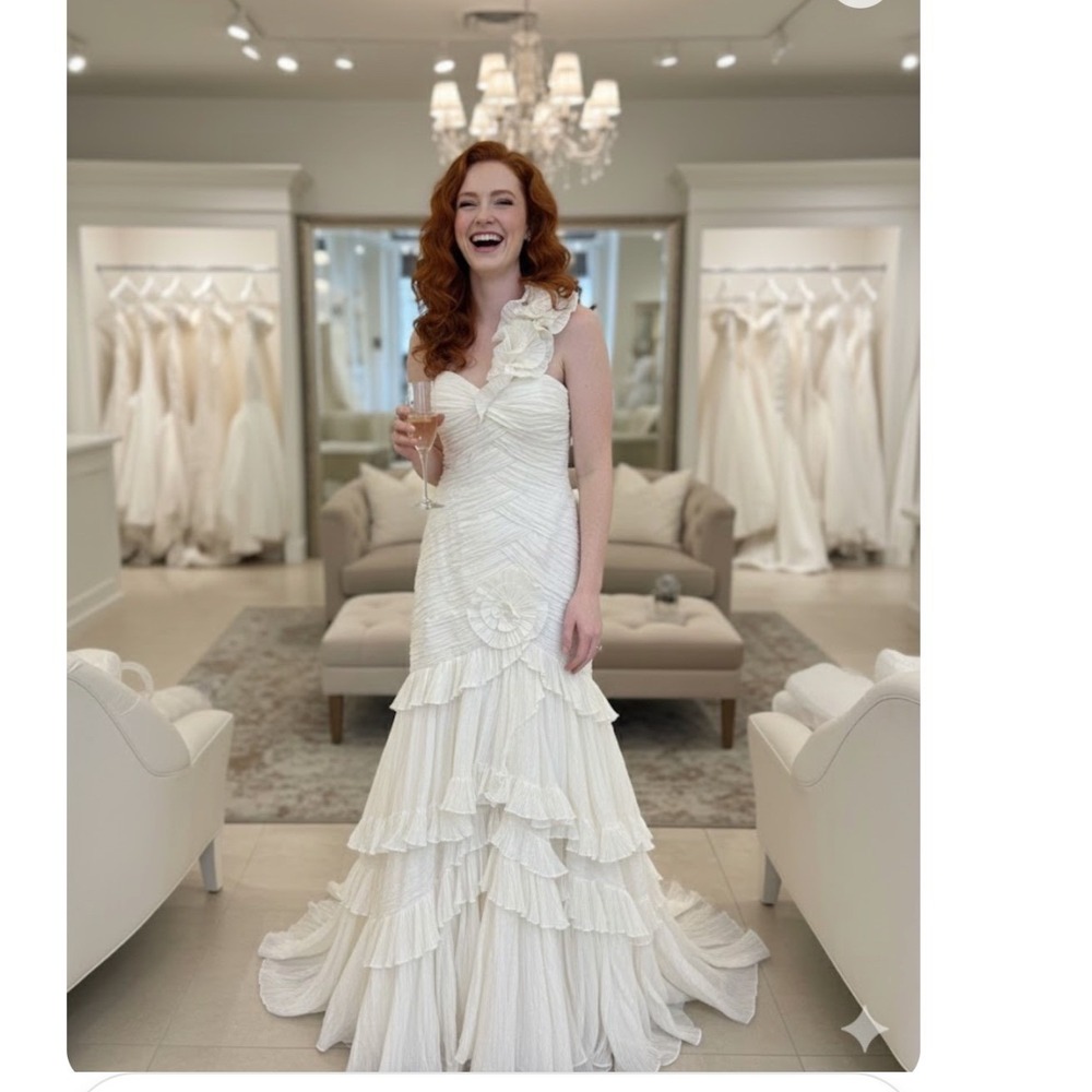 Sira D Pions Ivory One Shoulder Ruffle Tiered Gown Wedding Bridal